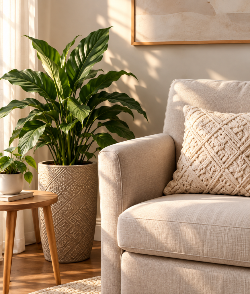 Cozy living room corner with plants and an art print, used for the contact section